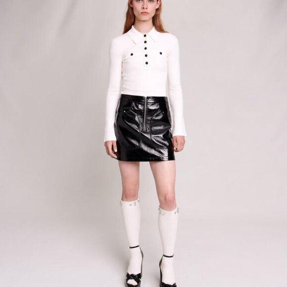 Maje Crinkle Vinyl Patent Leather Mini Skirt Size 36 NEW - Picture 1 of 12